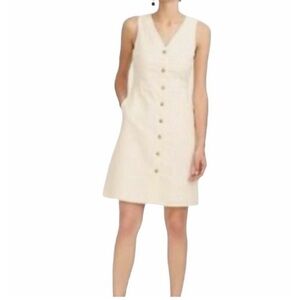 J.Crew Cream Color V-Neck Sleeveless Button Down Linen Blend A-Line Dress Size 8